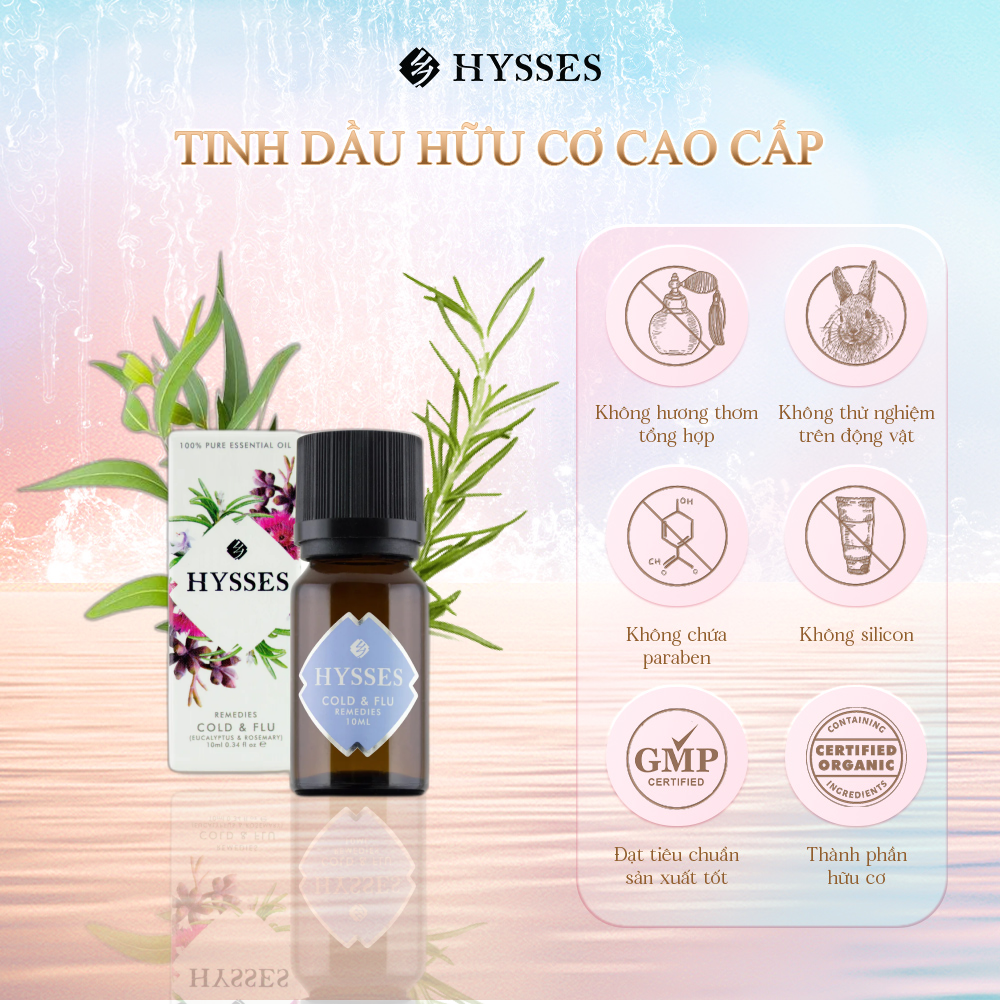 Tinh Dầu Cao Cấp Hysses Remedies Cold & Flu Mang Hương Tươi Mát, Thảo Mộc Ngọt Nhẹ, Tạo Cảm Giác Mát Lạnh Cho Đường Hô Hấp Với Tinh Dầu Hương Thảo - Bạch Đàn Hữu Cơ Tự Nhiên