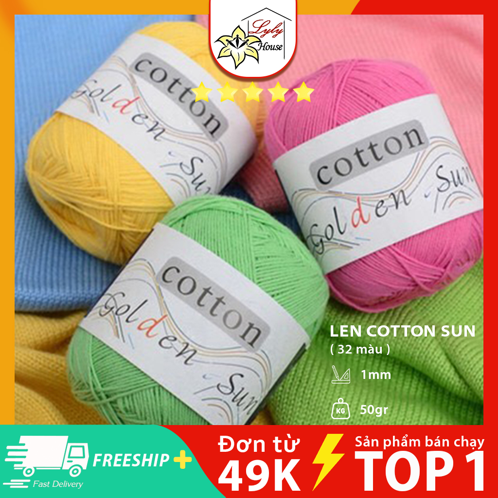 Len sợi đan móc Sun Golden 50gr 32 màu sợi nhỏ 1mm , Cuộn len móc cotton milk dành cho người mới bắt đầu