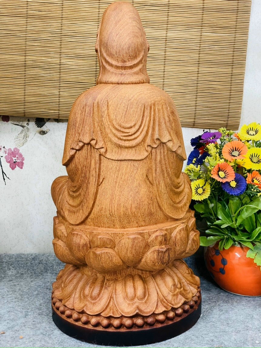 Tượng phật bà quan âm bồ tát bằng gỗ hương đá tô làm mầu giả cổ kt cao 50×25×25cm