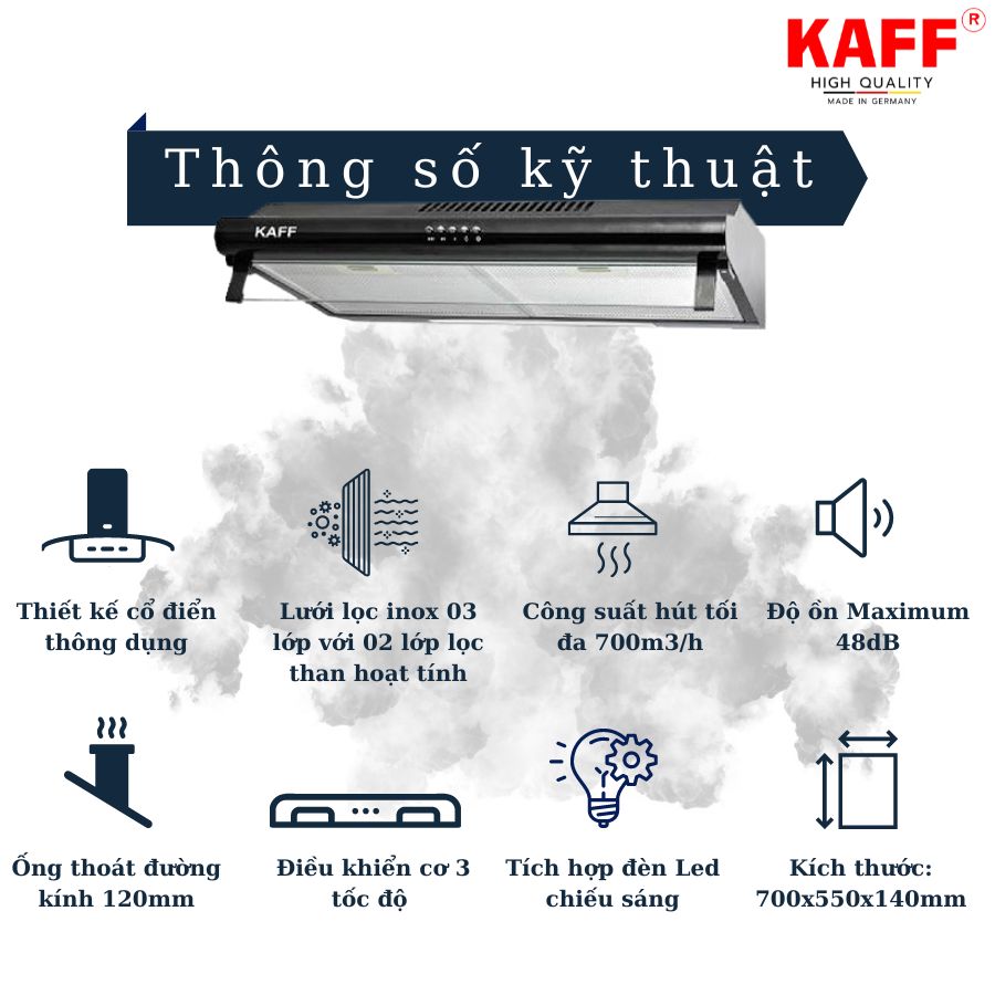 Máy hút mùi cổ điển màu đen 700mm KAFF KF_703B Tặng bộ lọc than thay thế _ Hàng Chính Hãng