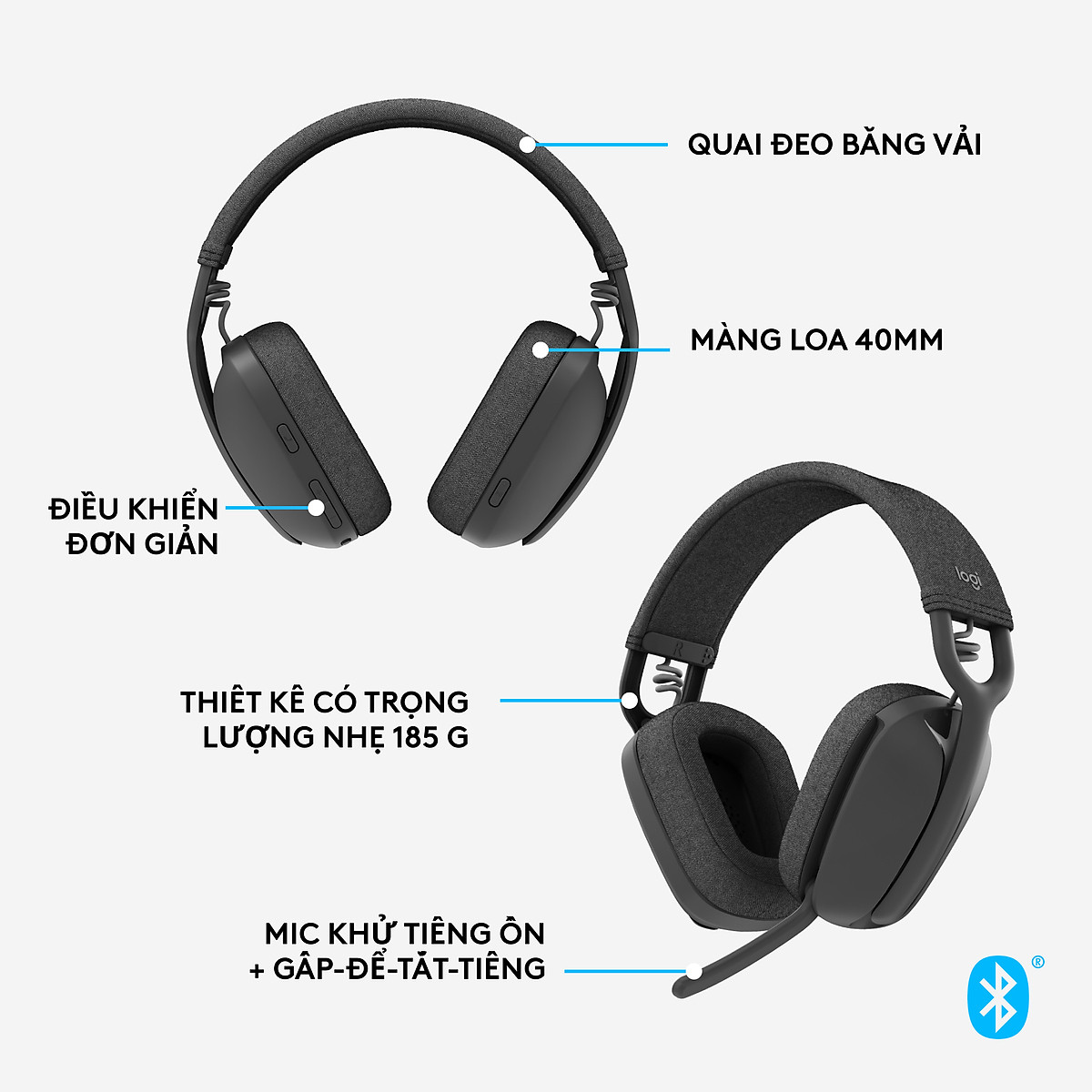 Tai nghe không dây Logitech Zone Vibe 100 nhẹ, với micrô khử tiếng ồn, Tai nghe Bluetooth Đa điểm Tiên tiến, Hoạt động với Teams, Google Meet, Zoom, Mac/PC -Hàng chính hãng