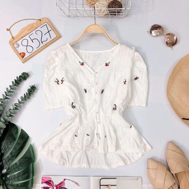 ÁO NÚT BỌC THÊU HOA NHÚN EO - ÁO KIỂU PEPLUM XẾP LY