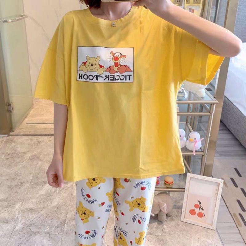 Đồ bộ thun quần dài, đồ mặc ở nhà Quảng Châu, họa tiết hoạt hình Ticer and pooh dễ thương Đồ bộ nữ, đồ bộ đồ mặc nhà, quần áo nữ bộ lửng cotton hình dễ thương DN02