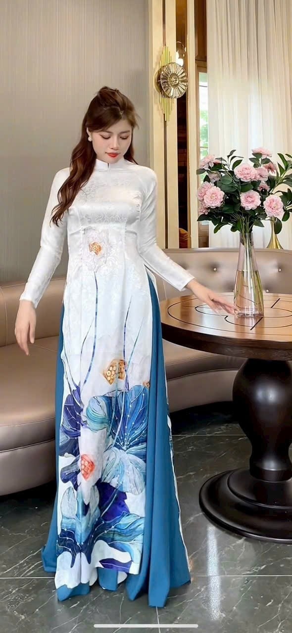 Set áo dài gấm truyền thống in hoa 6D tay dài duyên dáng