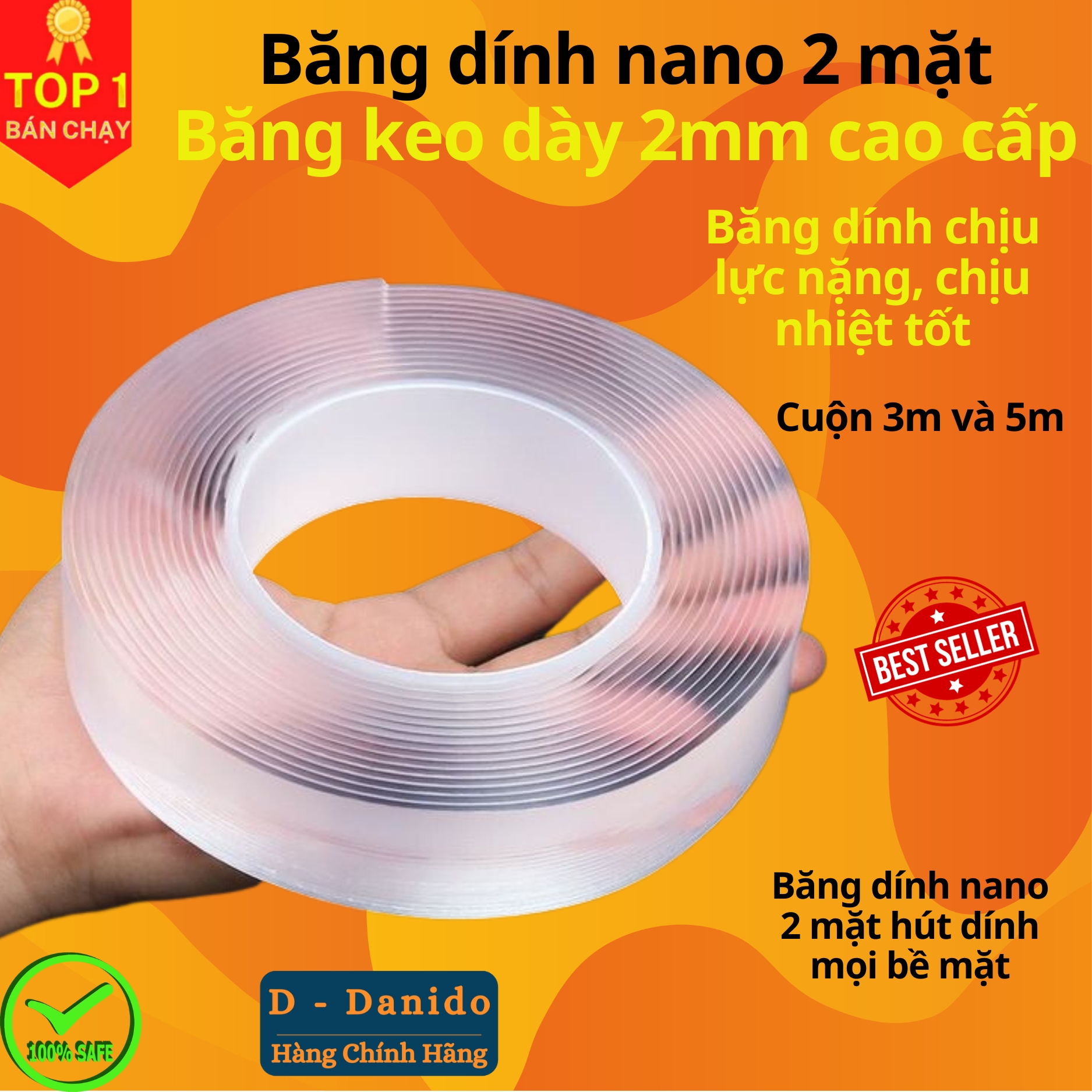 Băng dính nano 2 mặt trong suốt siêu dính, Băng dính hai mặt đa năng siêu dày 2mm loại dài 3m và 5m - Hàng cao cấp chính hãng D Danido