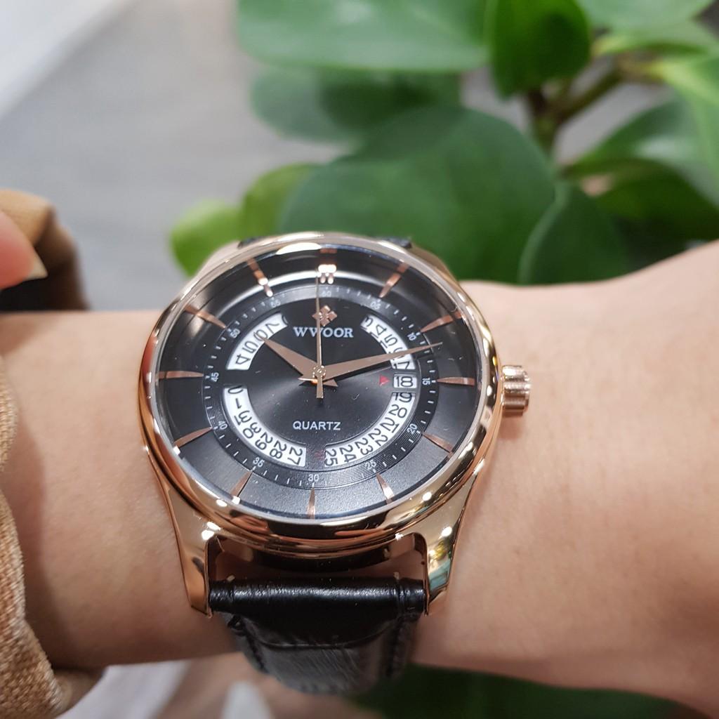 Đồng hồ nam Wwoor dây da thời trang có lịch chính hãng Tony watch 68