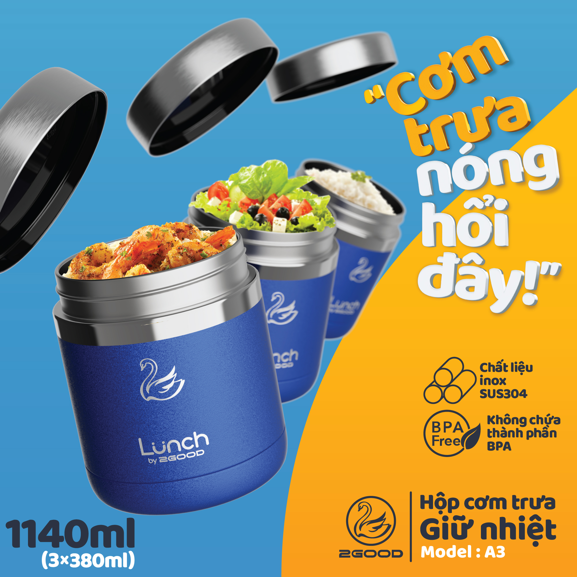 Bộ 3 Hộp Cơm Giữ Nhiệt Chân Không 2GOOD A3 - Dung tích 1140ml