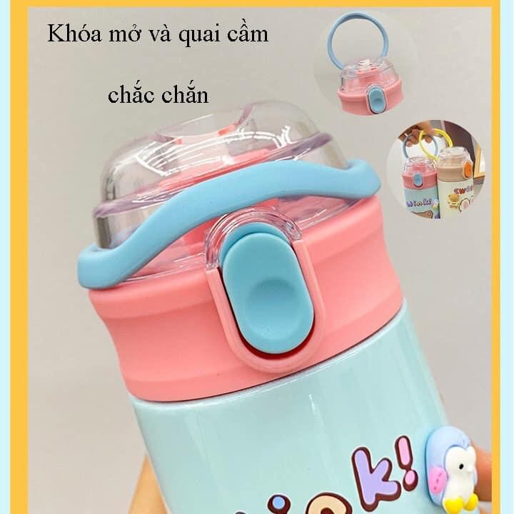BÌNH NƯỚC GIỮ NHIỆT 500ML INOX 304 KHÔNG GỈ CÓ QUAI XÁCH DỄ THƯƠNG ĐÁNG YÊU TÍCH HỢP ỐNG HÚT GIỮ NHIỆT NÓNG LẠNH ĐẾN 12H