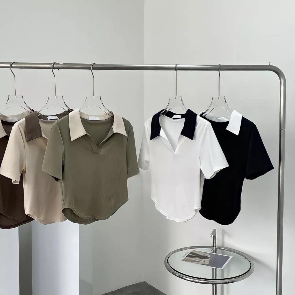Áo Polo Nữ Cộc Tay Chất Thun Gân Co Dãn 4 Chiều Cổ V