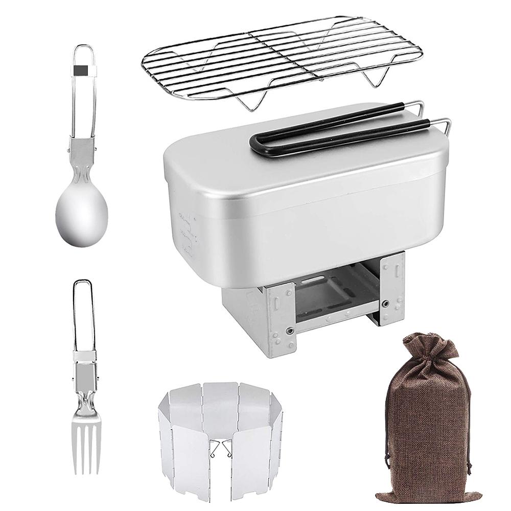 Bộ Combo Bếp Gấp Min Hộp cơm nhôm cao cấp có tay cầm Giá hấp Kính chắn gió Bộ Nĩa Gấp Thìa