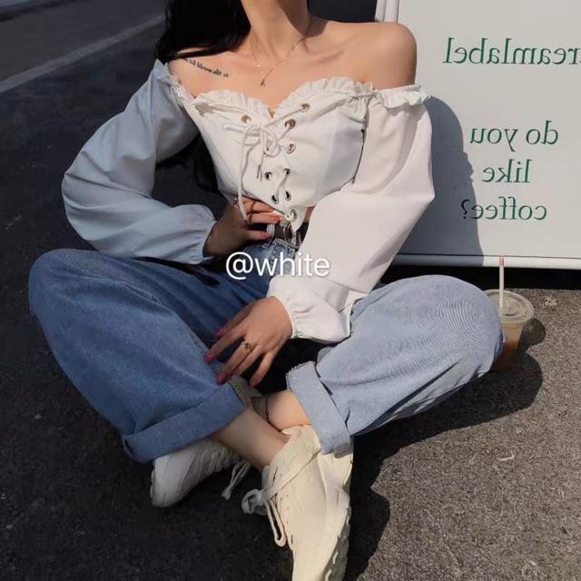 Áo trễ vai đan dây phong cách Ulzzang Hàn Quốc