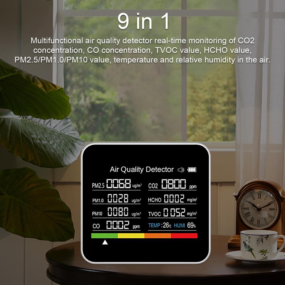 9 in 1 Air Quality Monitor CO2 Meter Carbon Dioxide Detector CO2 CO TVOC HCHO PM2.5 PM1.0 PM10 Temperature Humidity Detection with Alarm Function for Home Office Car