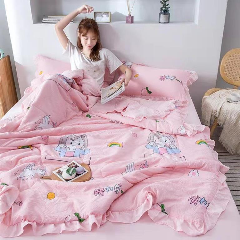 Bộ Chăn Ga Gối Cotton Đũi Bèo 4 Món Chăn Chần Hè Mẫu Mới Nhất 2021,