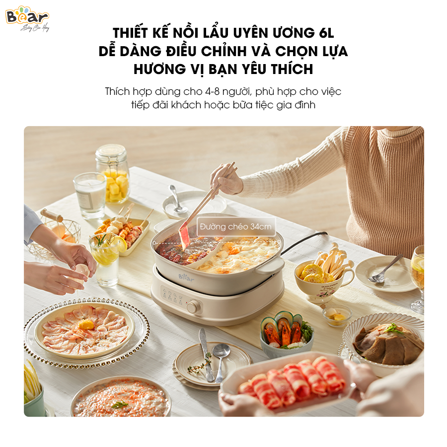 Nồi Lẩu 2 Ngăn Bear Đa Năng Nhiều Chế Độ Nấu Lẩu Hầm Ninh Chiên Rán Xào Chống Dính Cực Tốt Kháng Khuẩn 99,99% - SB NL60U HÀNG CHÍNH HÃNG