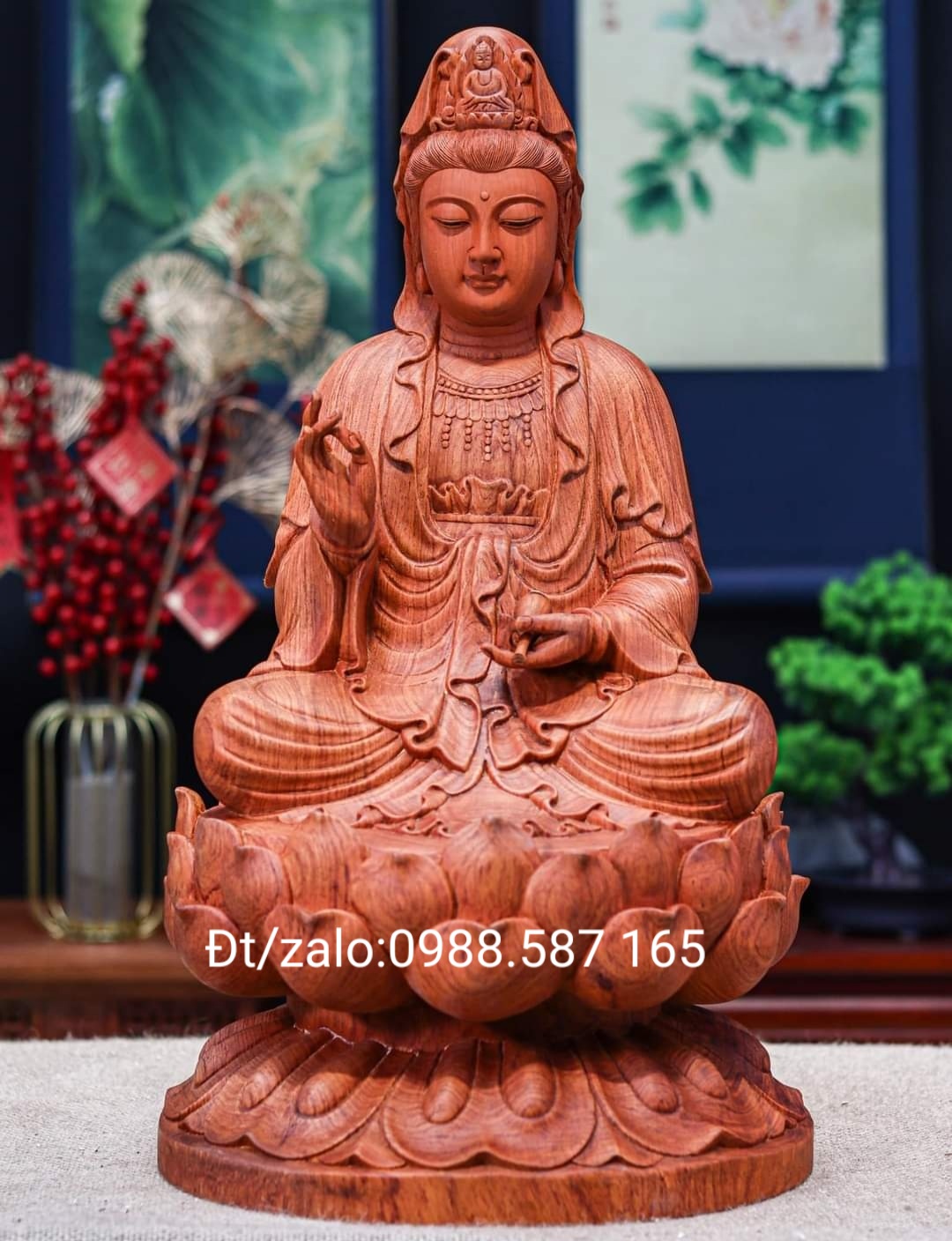 Tượng Quan Thế Âm Bồ Tát gỗ hương nguyên khối cao 30-35-40-50 CM