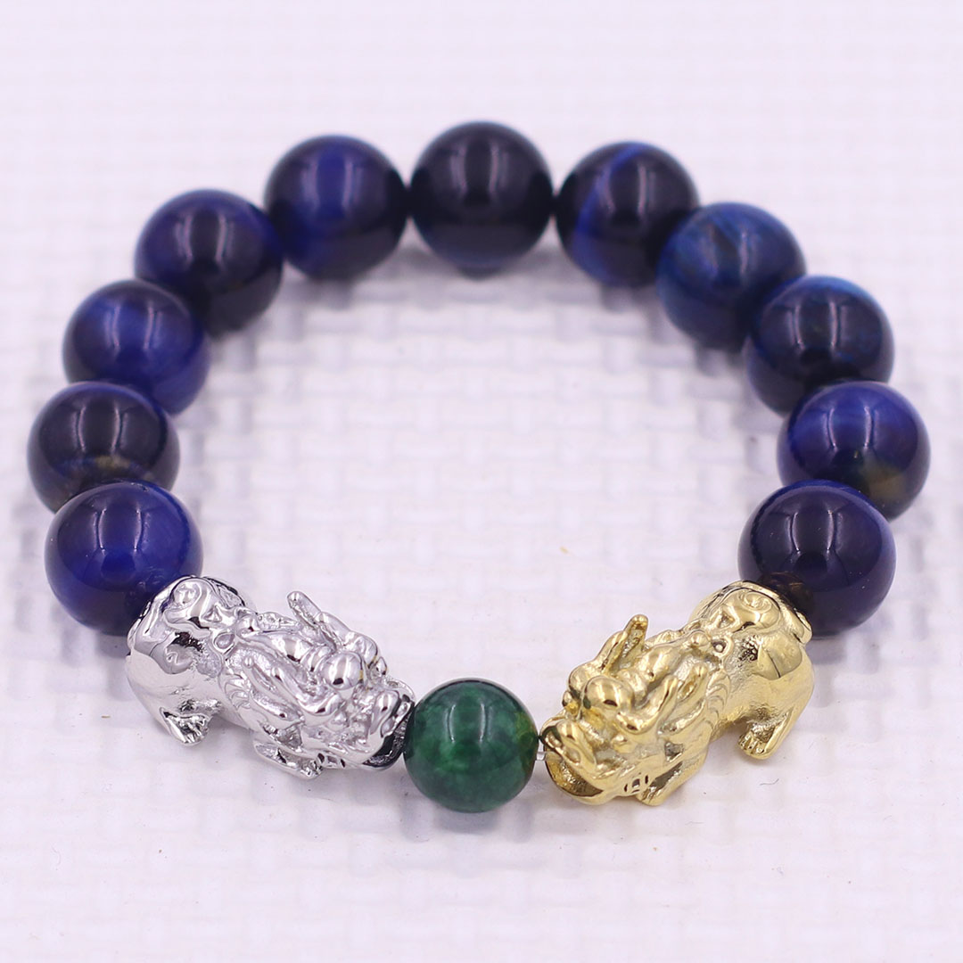Vòng chuỗi đeo tay đá mắt hổ xanh đen 12 ly charm tỳ hưu đôi inox trắng và vàng, vòng chuỗi phong thủy, charm tỳ hưu, vòng tay hạt chuỗi