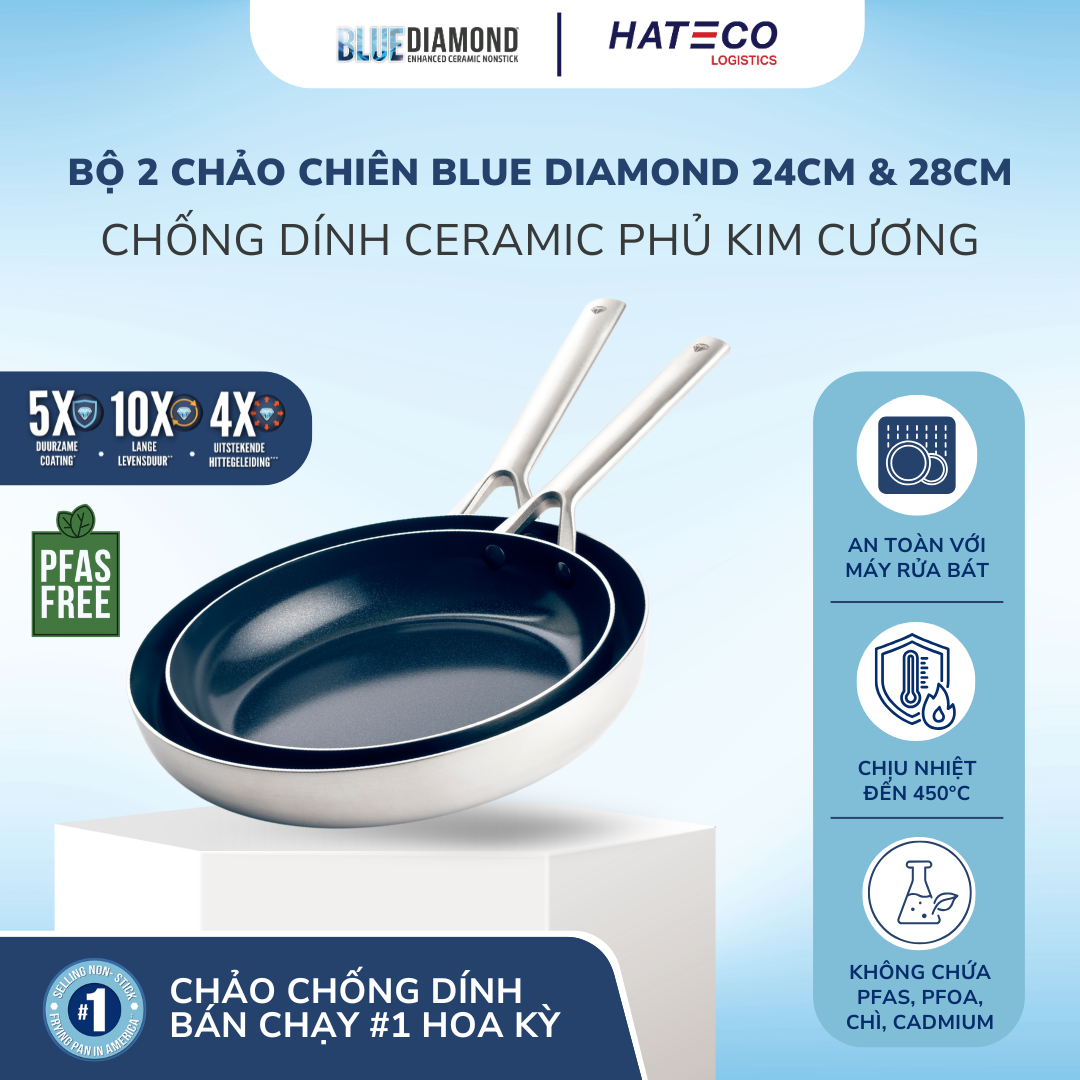 Bộ 2 món chảo chống dính phủ tinh thể kim cương cao cấp Blue Diamond 24,28 cm