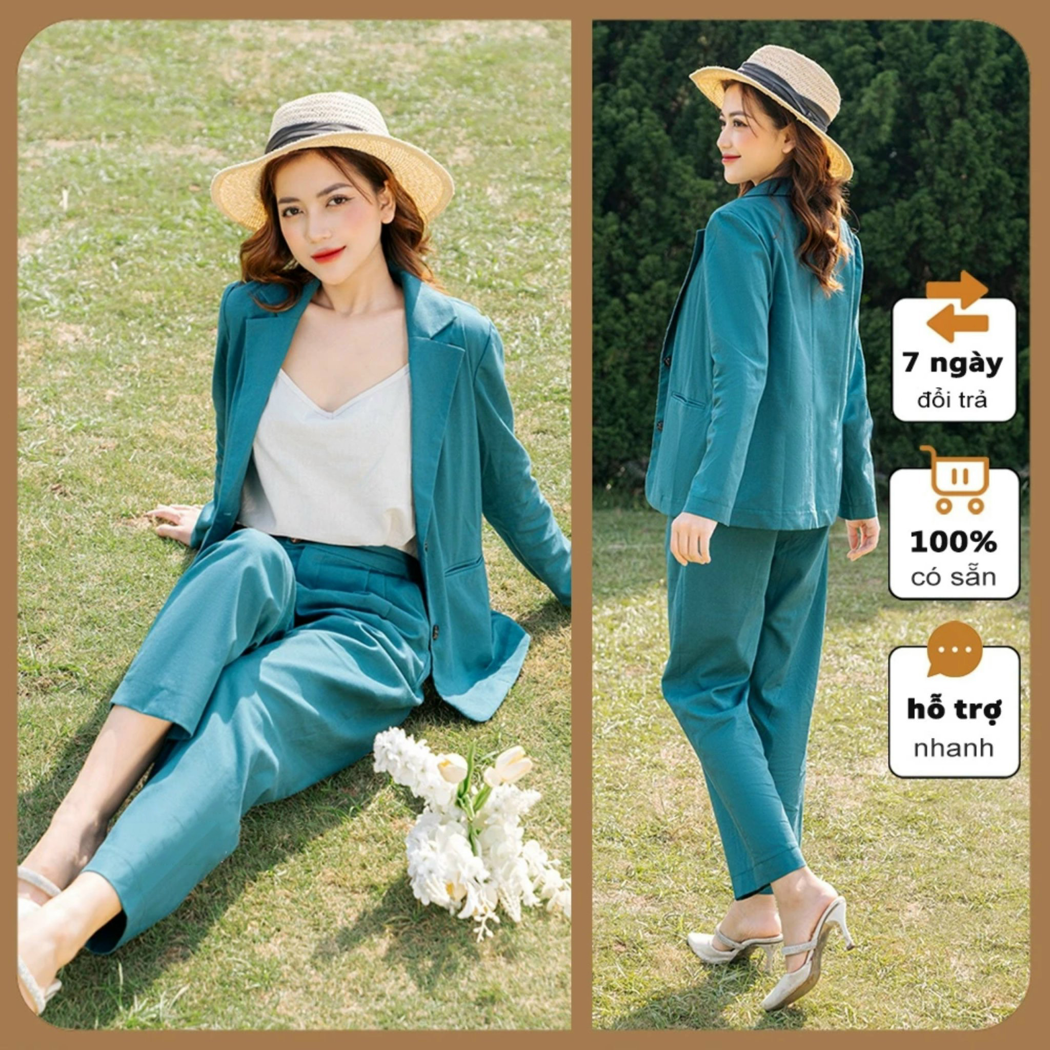 Set đồ nữ công sở vải linen Hàn, Áo blazer tay lỡ cổ ve vuông &amp; quần dài suông rộng Haint Boutique Bv02