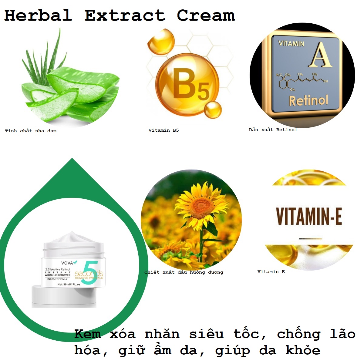 Kem 5 giây xóa nhăn, xóa thâm, xóa bọng mắt, thành phần dẫn xuất retinol và thảo dược thiên nhiên