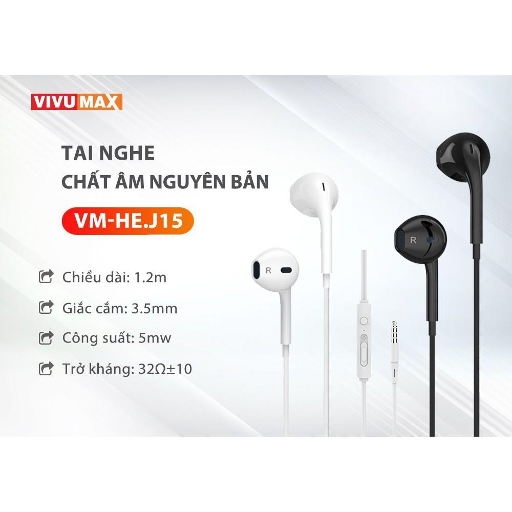 Tai nghe nhét tai có dây VivuMax J15 - Jack cắm 3.5mm, có Mic/Microphone - Cho iOS/Apple (iPhone/iPad), Android