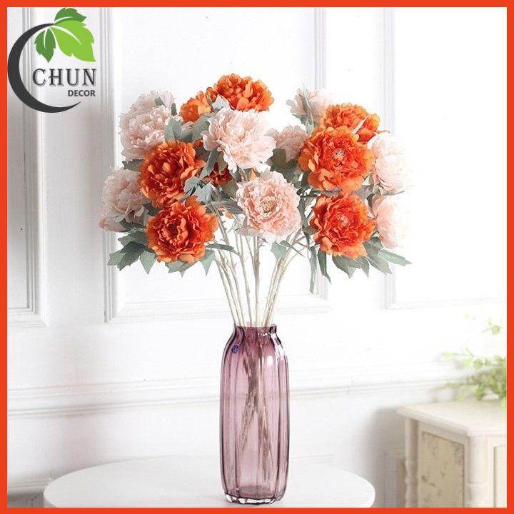 Hoa lụa cao cấp, cành hoa mẫu đơn 2 bông 1 nụ dài 70cm