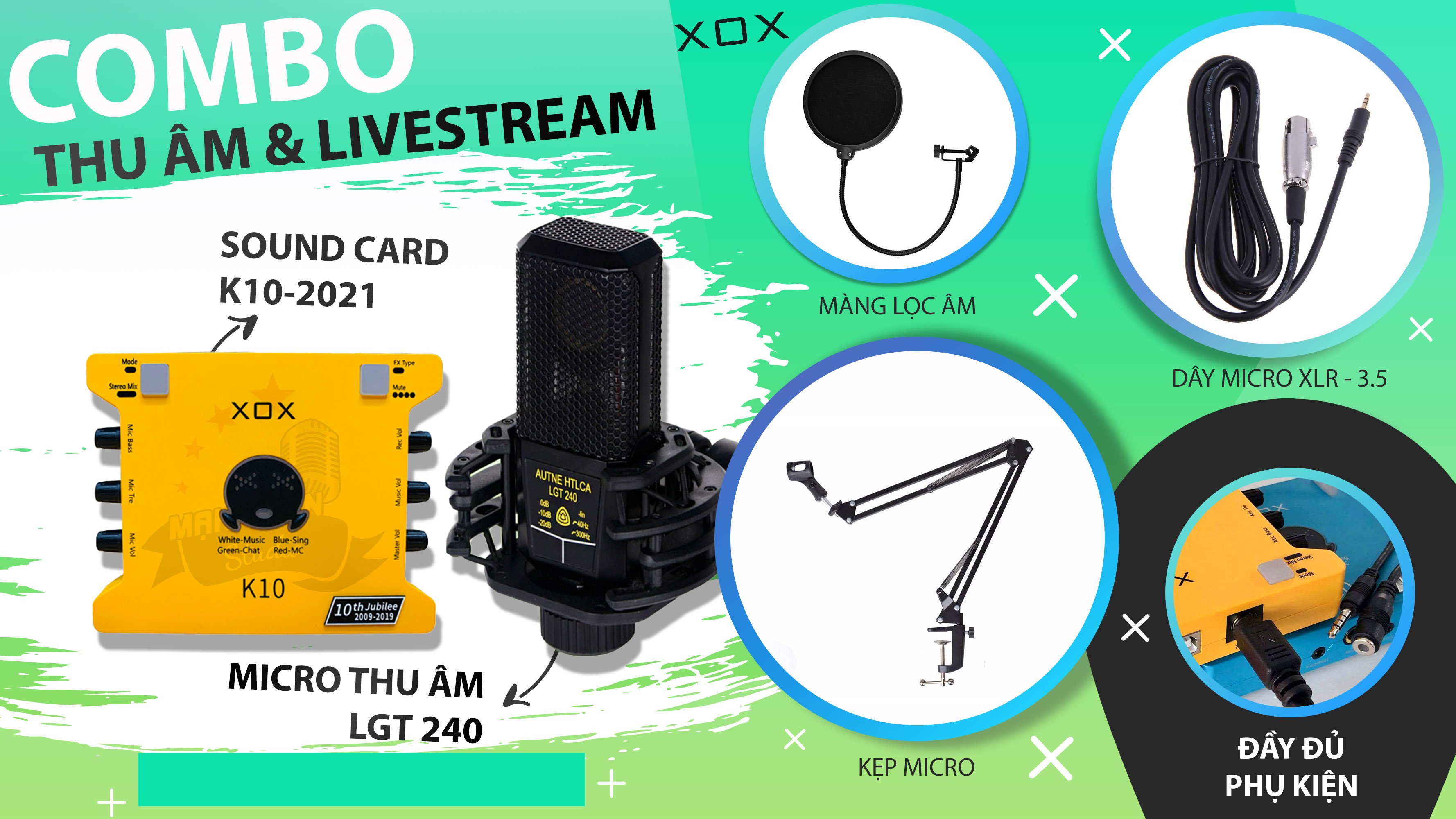 Combo thu âm, livestream Micro LGT 240, Sound card XOX K10 Jubilee - Kèm full phụ kiện kẹp micro, màng lọc, tai nghe, giá đỡ ĐT - Hỗ trợ thu âm, karaoke online chuyên nghiệp - Hàng nhập khẩu