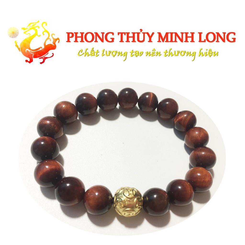 Vòng tay đá mắt hổ Đỏ Nâu chất lượng 5A Mix 1 hạt Kim Tiền Vàng hợp mệnh Hỏa và Thổ