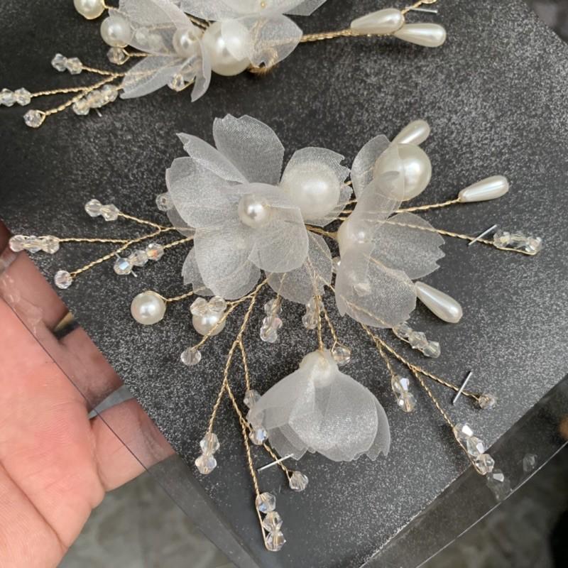 Phụ kiện cài tóc cô dâu đầu tiên của năm 2021 bộ đôi cài tóc cô dâu hoan voan đính hạt trai thủ công tp hcm Giangpkc