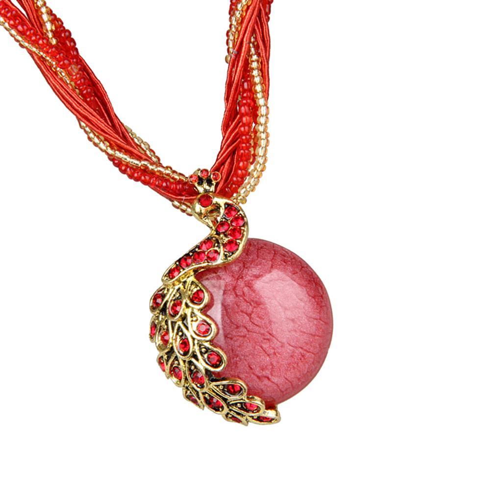 Bohemian Opal Necklace with Phoenix Peacock Pendant Jewel Accessory Red