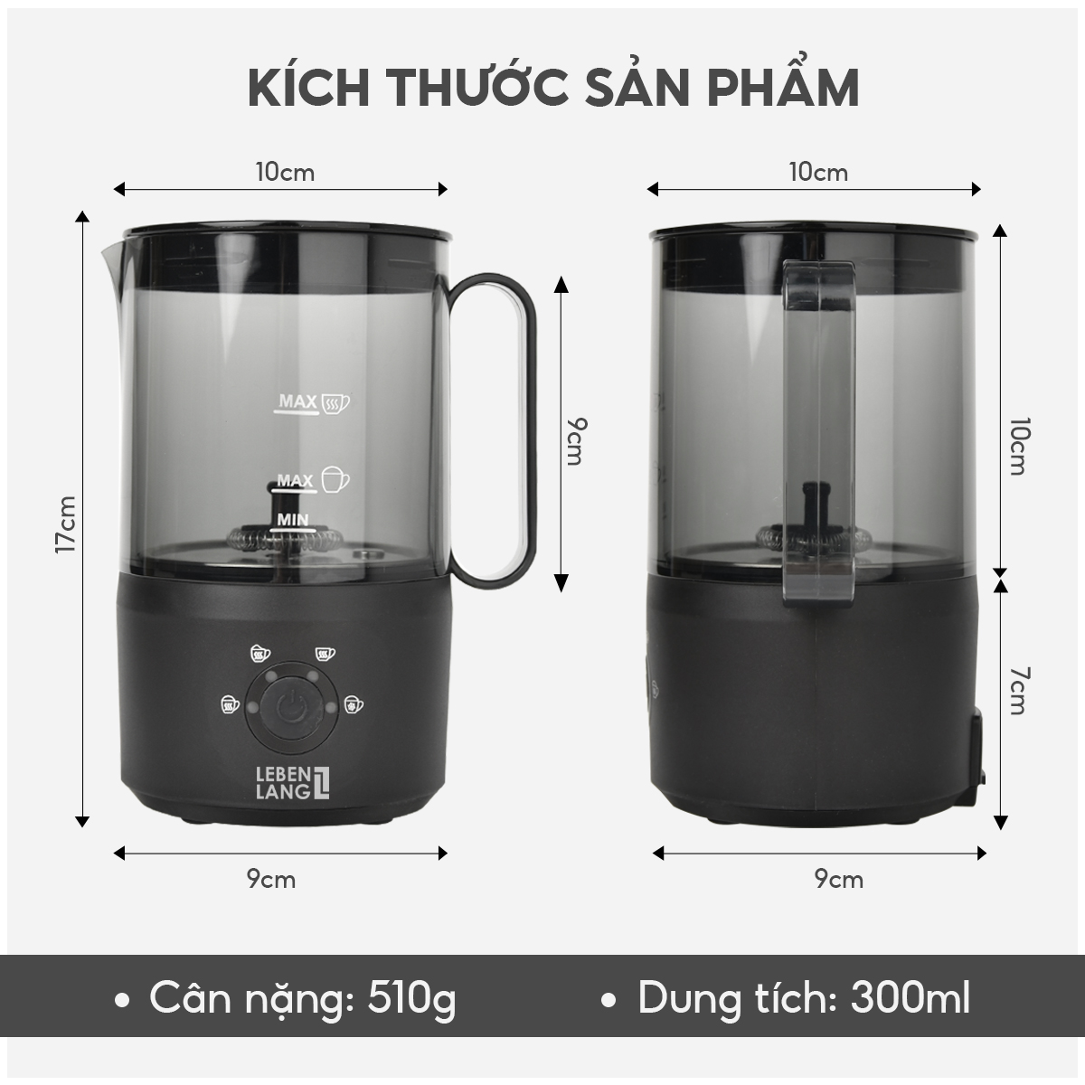 Máy đánh bọt cà phê, tạo bọt sữa Lebenlang LBL101, 500W, dung tích 300ml, 4 chế độ, bảo hành 2 năm - hàng chính hãng