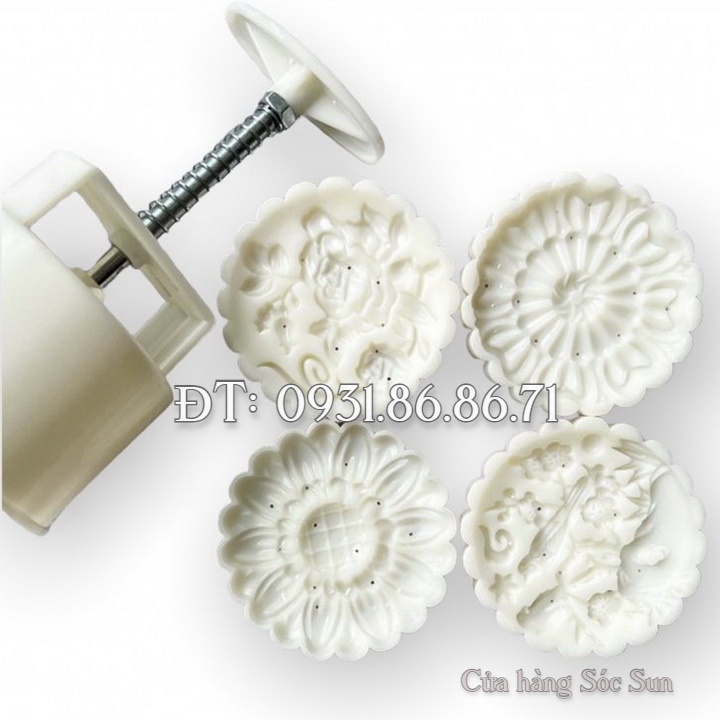 Khuôn trung thu lò xo 4 mặt hình tròn chim én đậu cành mai, cành đào – Mã số 1906