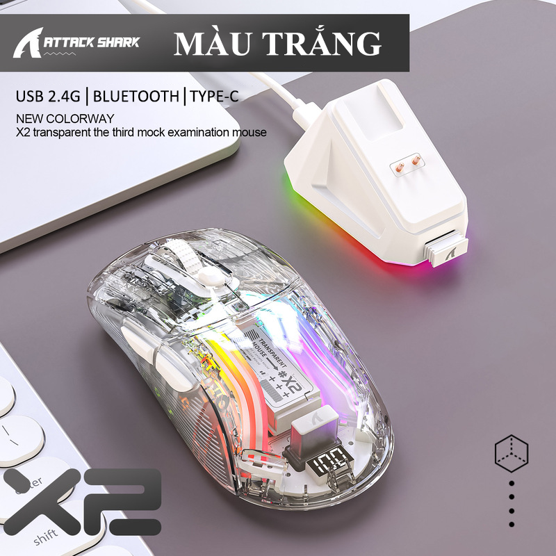 Chuột không dây Attack Shark X2Pro RGB kết nối 3 chế độ với thiết kế trong suốt kèm theo đế sạc nam châm led RGB cực đẹp - Hàng Chính Hãng