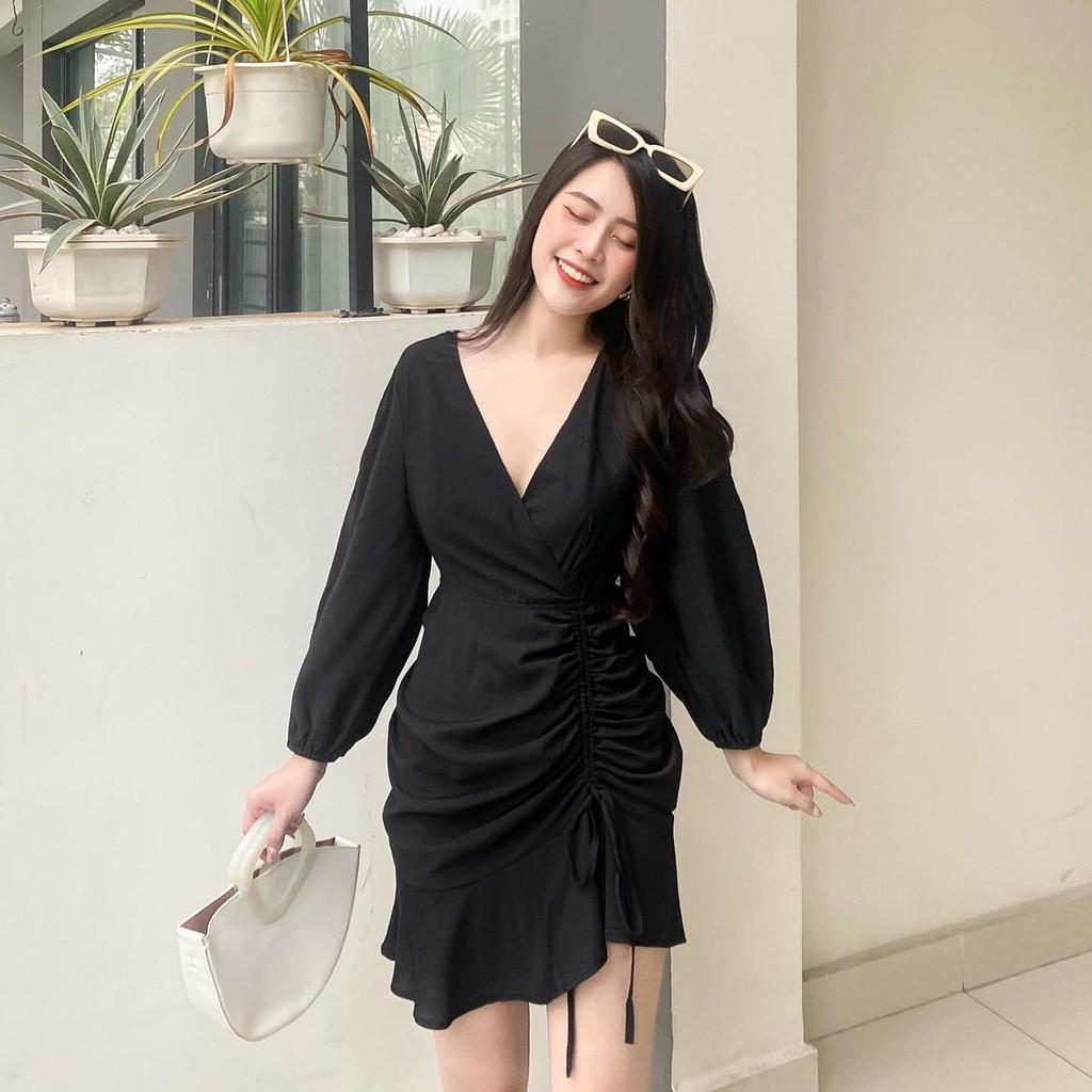 ĐẦM ĐŨI DỰ TIỆC ĐEN CỔ ĐẮP CHÉO TAY DÀI RÚT HÔNG PHỐI BÈO XÒE-hình thật shop chụp