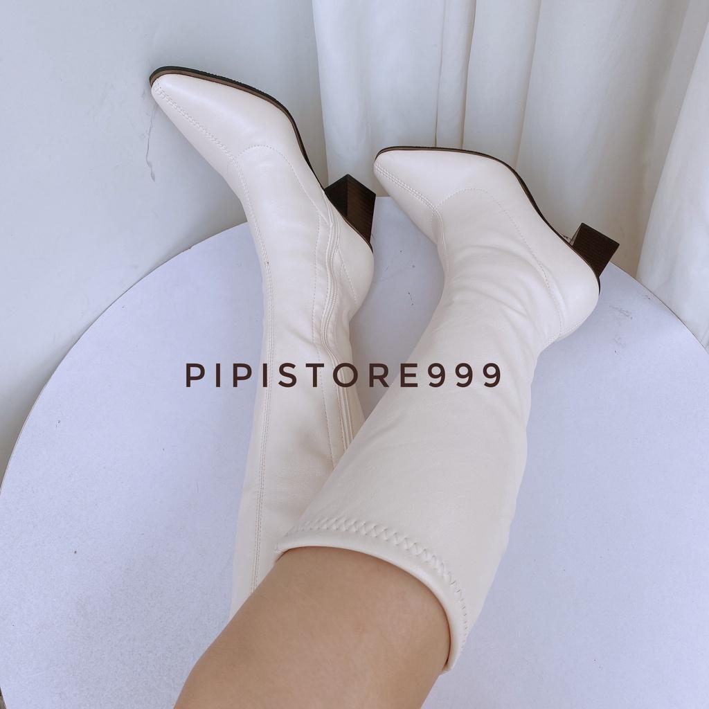 Bốt Đùi Mũi Nhọn Khóa Cạnh Đế Vân Gỗ 7Cm Lót Lông B004