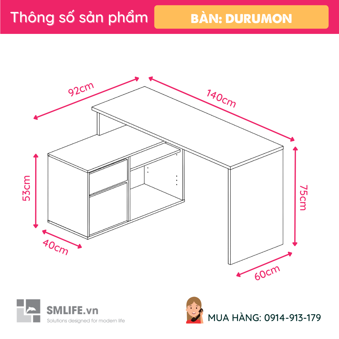 Bàn làm việc, bàn học gỗ hiện đại SMLIFE Durumon | Gỗ MDF dày 17mm chống ẩm | D140xR92xC75cm