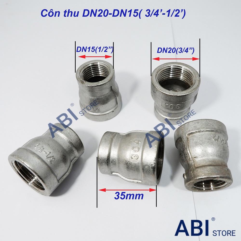 Côn thu 27/21 inox đúc dn20 về dn15( bầu giảm ren inox, bầu nối giảm ren 3/4'' - 1/2'' )