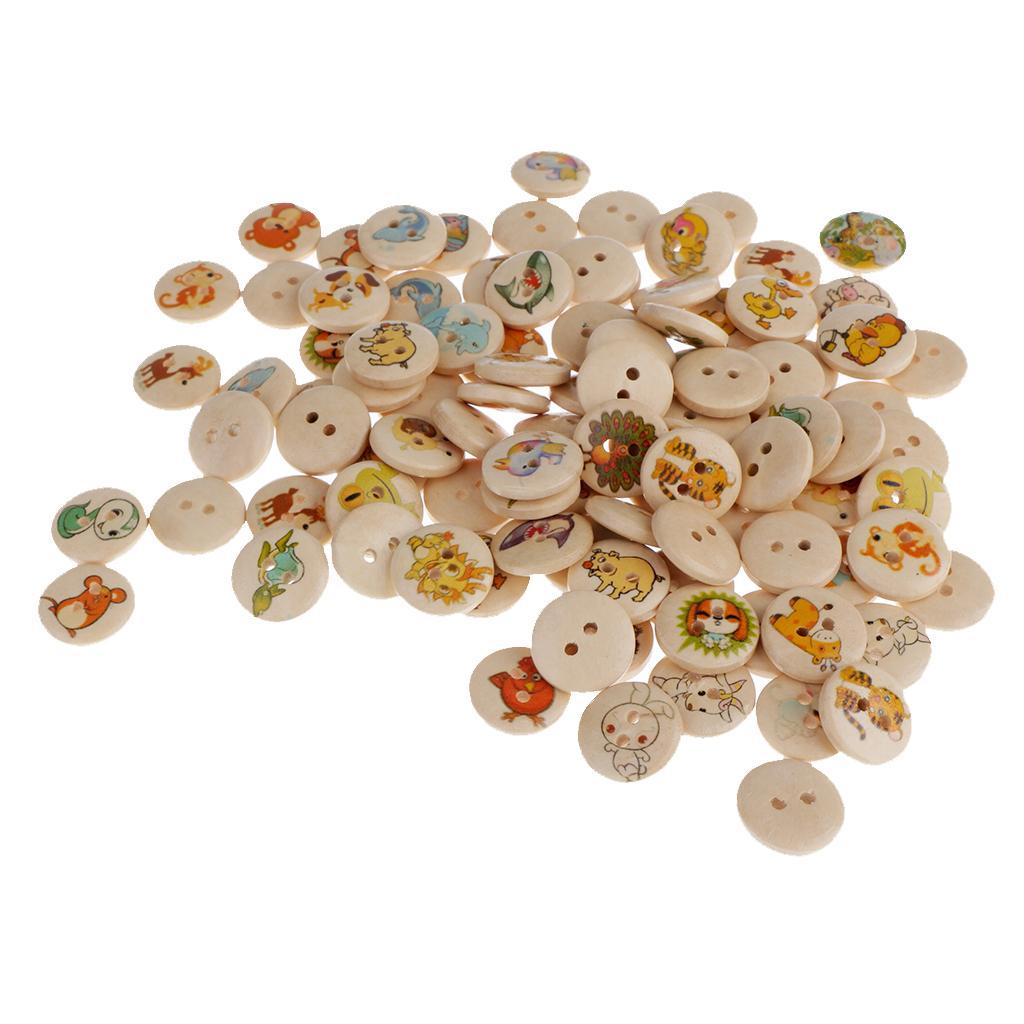 100 Pieces Animals Printed Round 2 Holes Wooden Buttons for Sewing DIY Craft 15mm