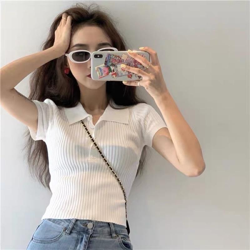 Áo thun polo len dệt kim nữ tay ngắn cổ đức phong cách Hàn Quốc trẻ trung