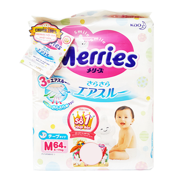 Tã/Bỉm Dán Merries Size M 64 miếng (dành cho bé 6 - 11 kg)