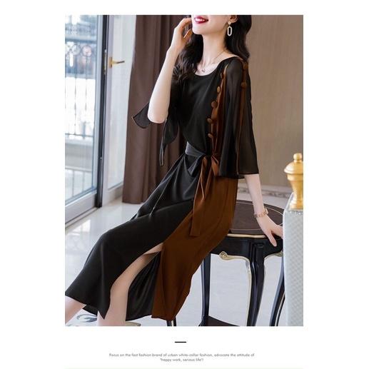 Đầm suông tay xẻ phối màu nâu đen