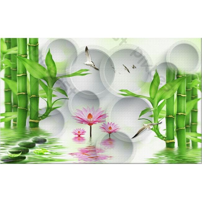 Tranh phong thủy tre xanh và hoa thiên nhiên đẹp, Tranh dán tường 3d hiện đại (tích hợp sẵn keo) MS1212917
