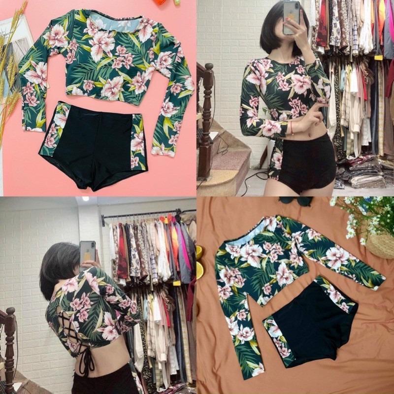 Đồ bơi nữ Bikini nữ 2 mảnh họa tiết dài tay đan lưng quần đùi kín đáo bộ bơi hoa đi biển QP009