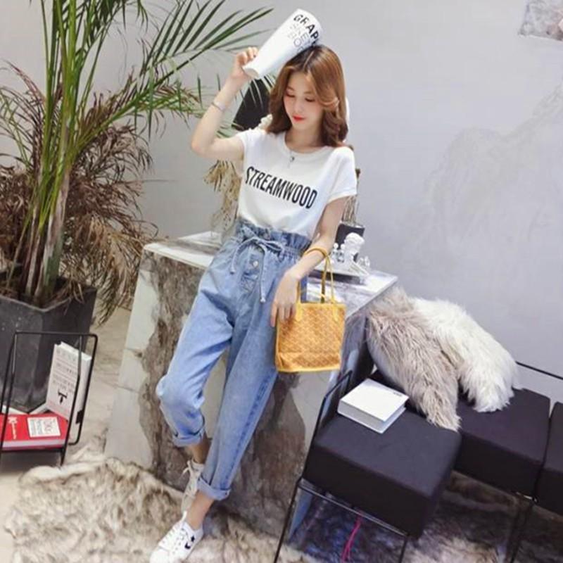Quần jean dài ống rộng có dây rút thời trang cho nữ
