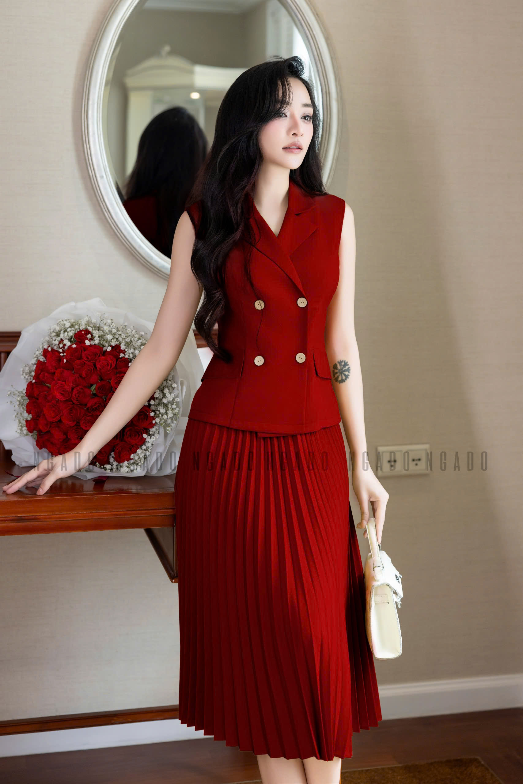Set áo đỏ chân váy dập ly NGADO , set áo váy dài , set Nữ , set dự tiệc , công sở