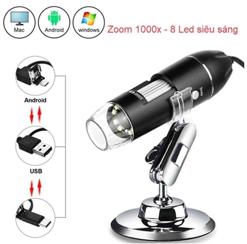 Bản Nâng Cấp - Kính Hiển Vi Điện Tử Cầm Tay Zoom 1000x 8 Đèn Led 3 Trong 1 USB/TypeC/Micro USB Camera Nội Soi HD. 3 In 1 New Portable HD 1000X 2MP Zoom Microscope 8 LED Micro USB Type-c Digital Handheld Magnifier Endoscope Camera