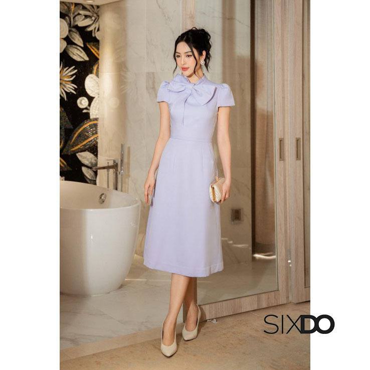 Đầm midi ngắn tay phối nơ cổ liền thời trang SIXDO