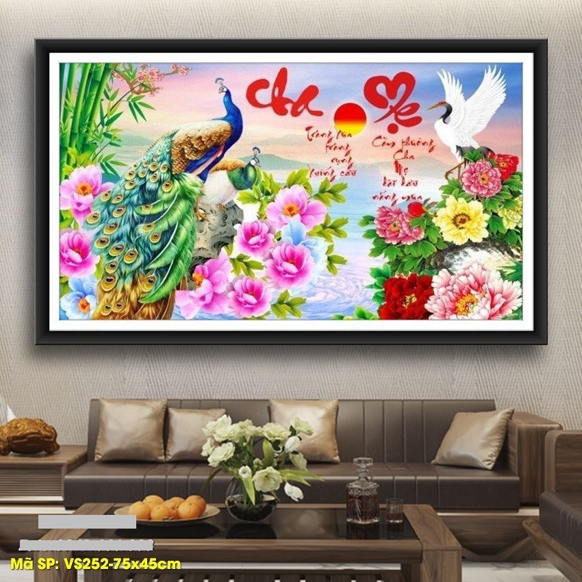 Tranh đính đá cha mẹ chim công hoa mẫu đơn VS252 - 75 x 45 cm - chưa đính