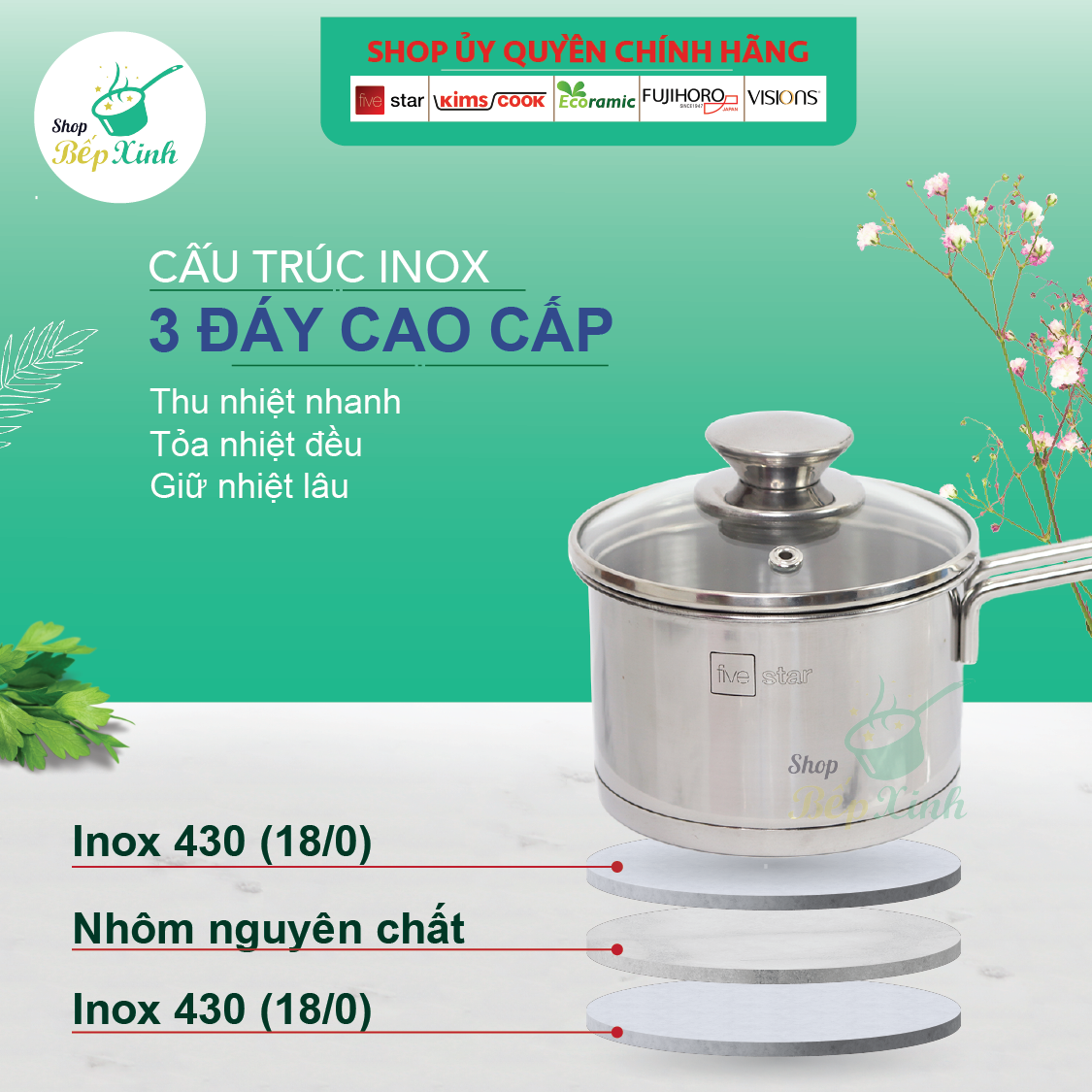 Quánh Nấu Bột Cháo Cho Bé Inox 430 Bếp Từ 3 Đáy Fivestar (12 - 16 cm) Nắp Kính + Tặng 5 Muỗng Ăn Inox