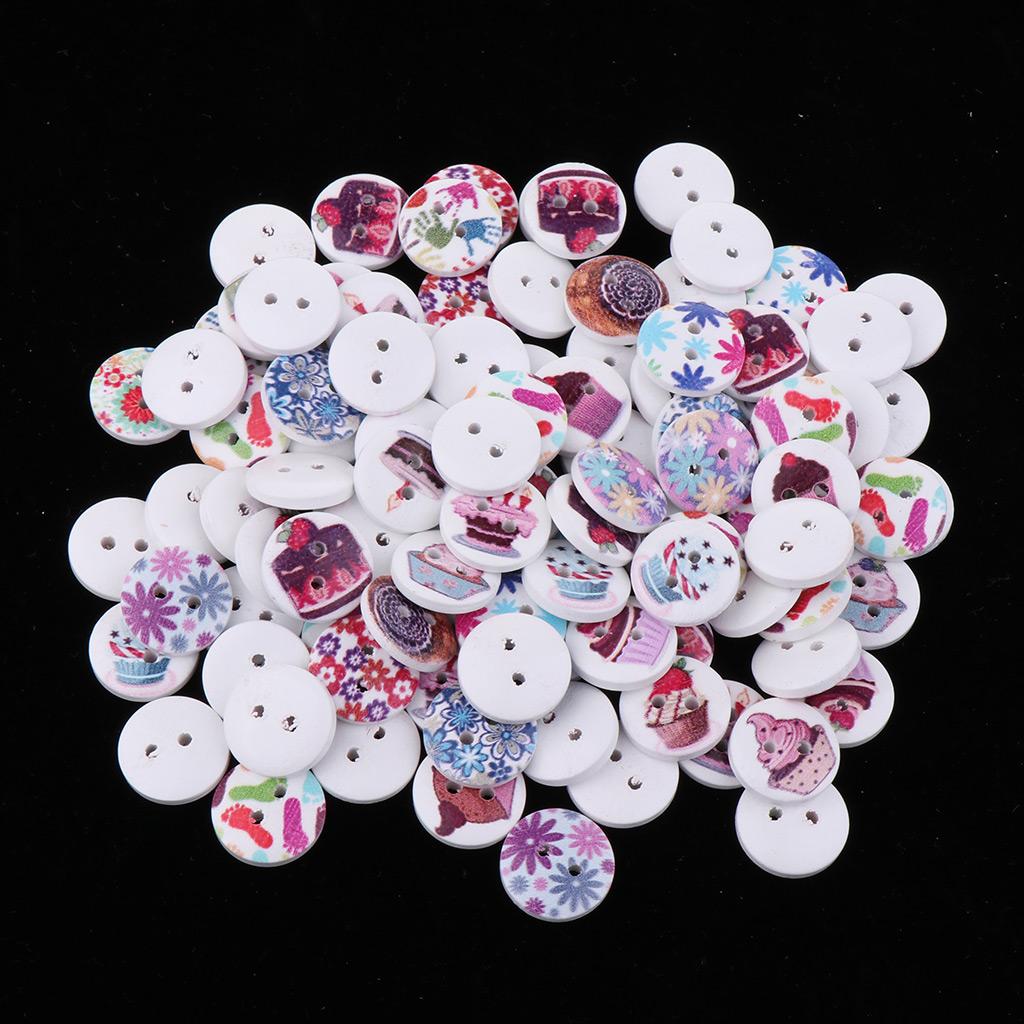 100pcs Flower Printed Wooden Buttons 2 Holes 15mm DIY Clothing Scrapbook Crafts