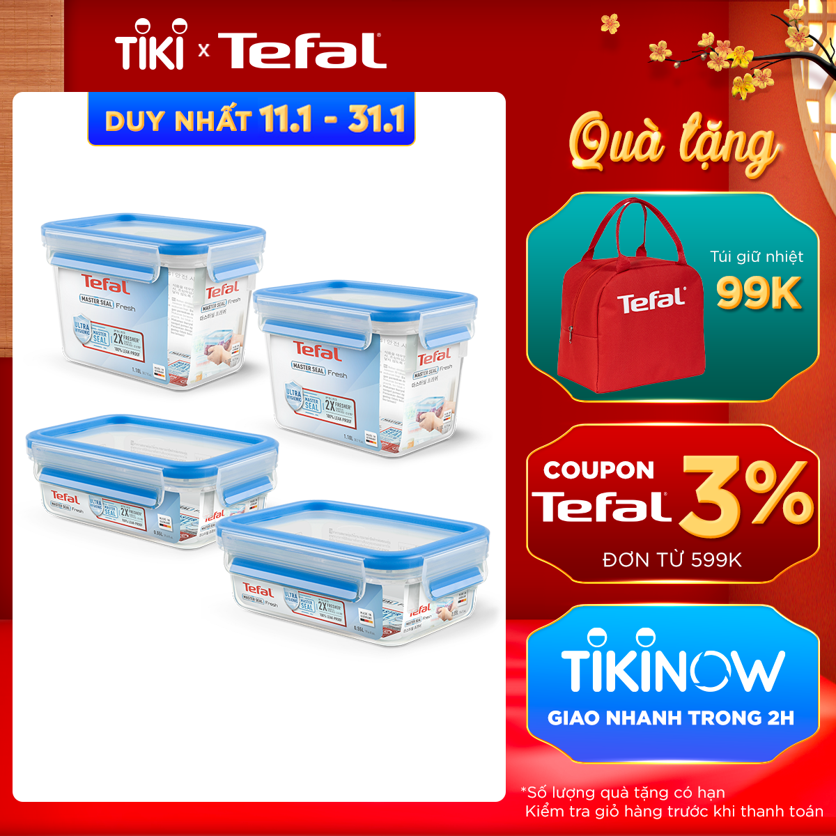 Bộ 4 hộp bảo quản thực phẩm nhựa BBA free, Tefal Masterseal Fresh, sản xuất tại Đức (1000ml x 2, 1100ml x 2) - Hàng chính hãng